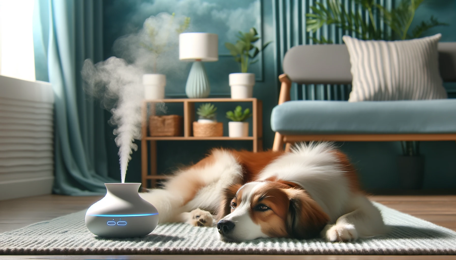 Here is the image illustrating the concept of using essential oils with pets, set in a calming environment with soft blues and greens. It features a pet experiencing aromatherapy in a serene setting.