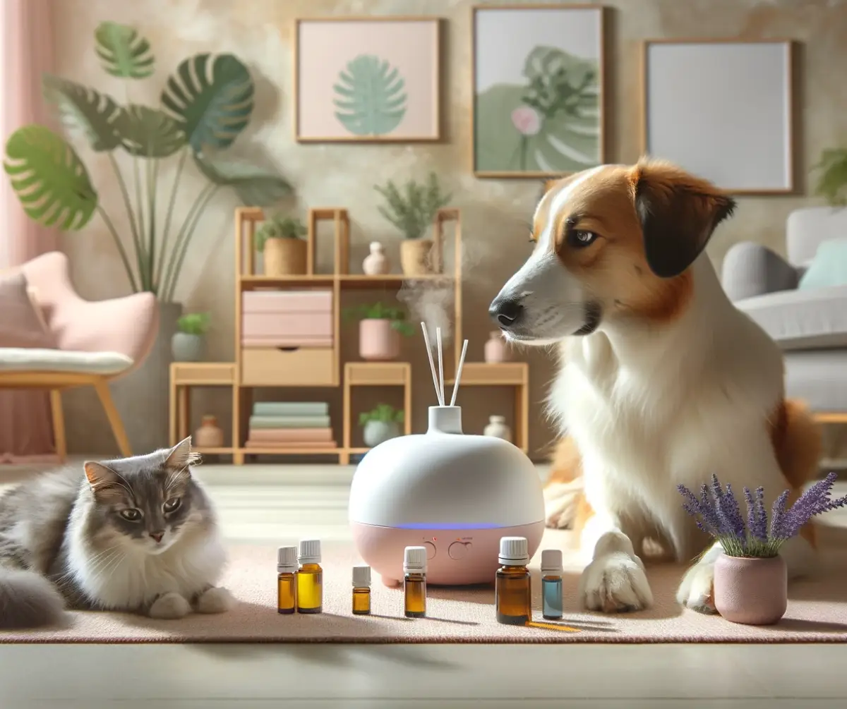 Here is the image depicting a serene indoor setting with a dog and a cat smelling essential oils, surrounded by a calm and natural atmosphere in pastel colors.