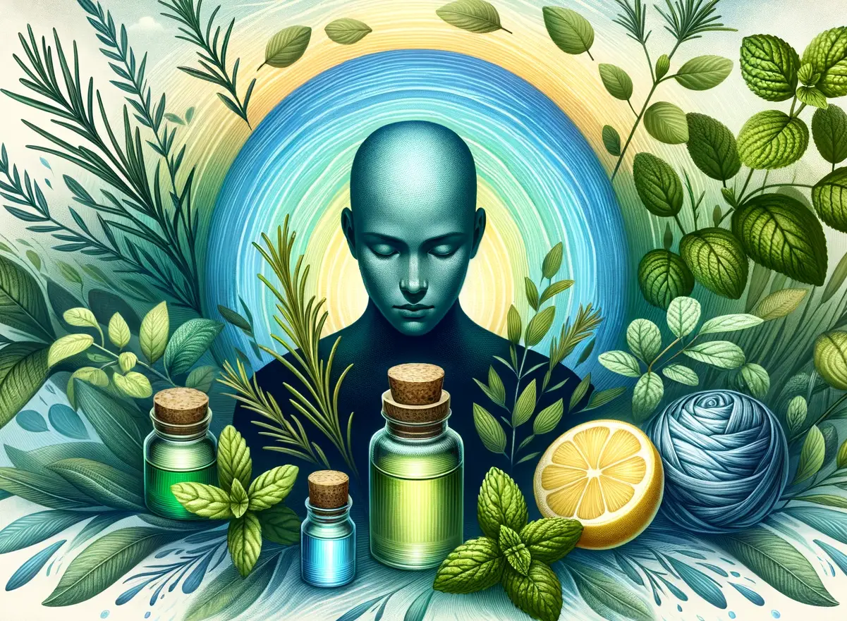 image depicting a serene individual surrounded by rosemary, peppermint, and lemon essential oils