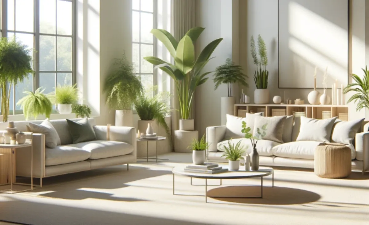 image depicting a serene, well-lit living room that embodies wellness and modern design has been created. This image shows a space with natural light, indoor plants, minimalist furniture, and calming neutral colors, representing an ideal wellness home interior.